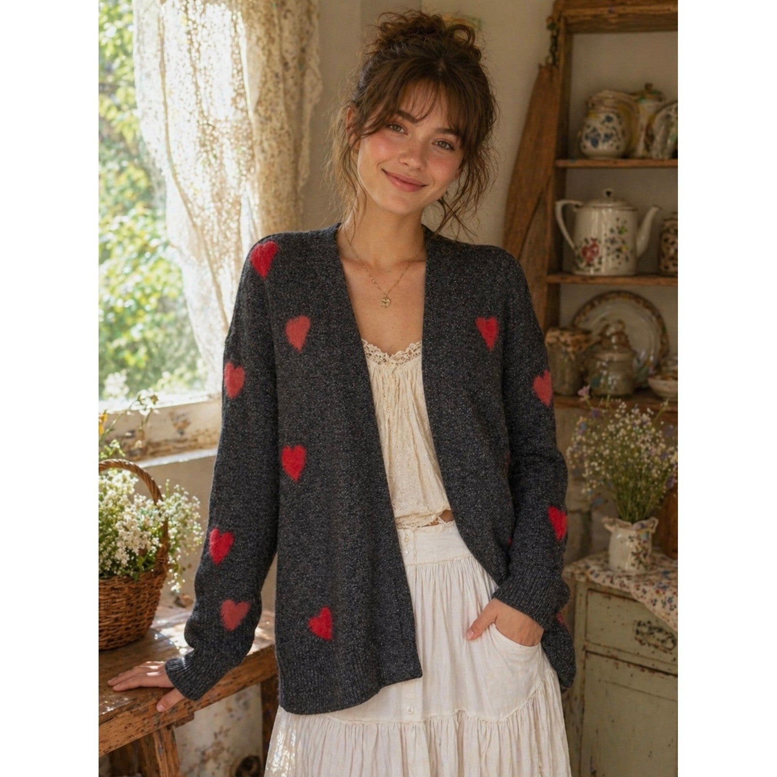 NWT!! CELEBRATE TOGETHER Heart Cardigan Sweater Grey Pink Red Hearts Large