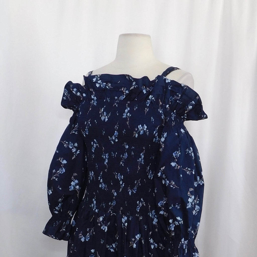 Revolve REBECCA TAYLOR Francine Off Shoulder Dress Floral Smocked Navy Blue 0