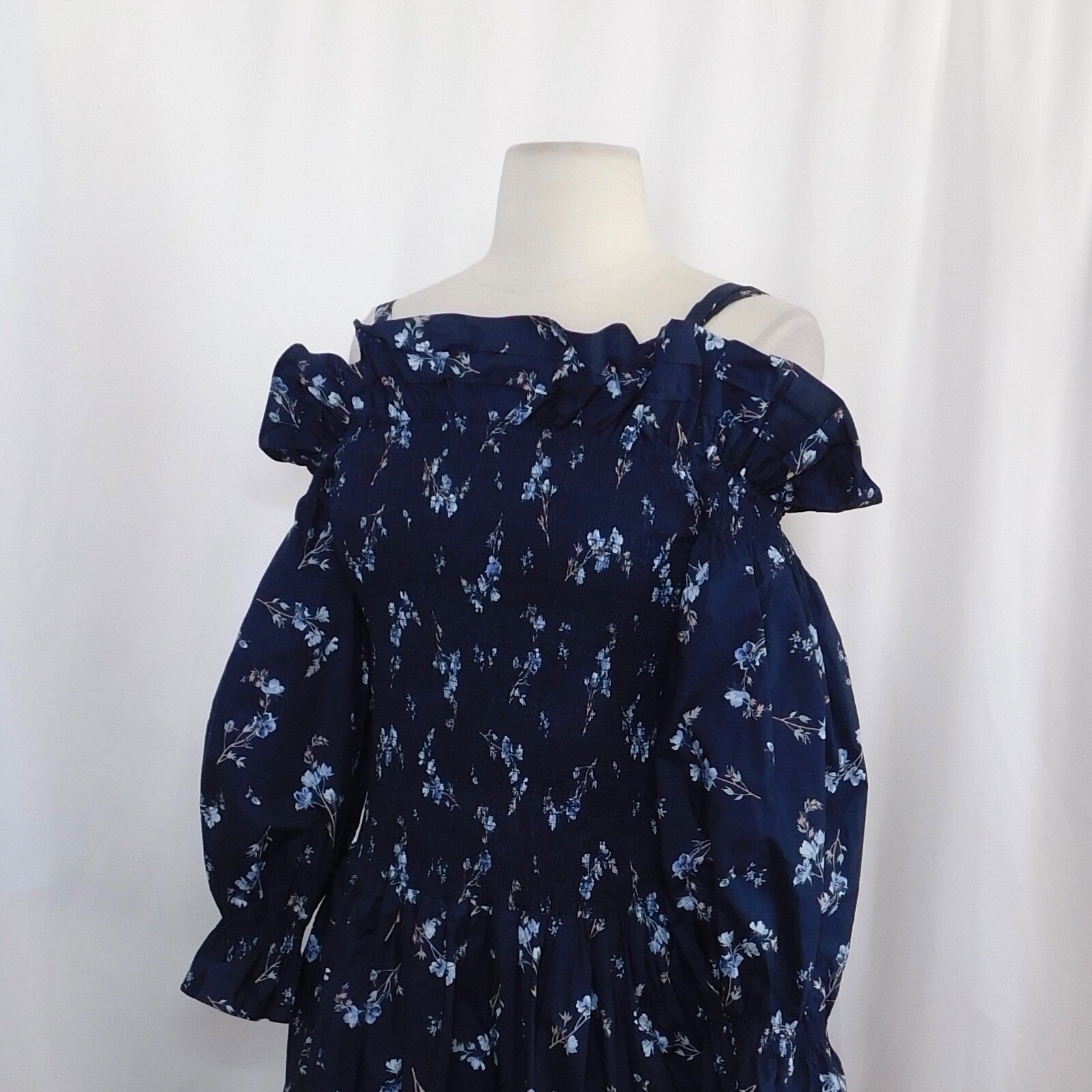 Revolve REBECCA TAYLOR Francine Off Shoulder Dress Floral Smocked Navy Blue 0