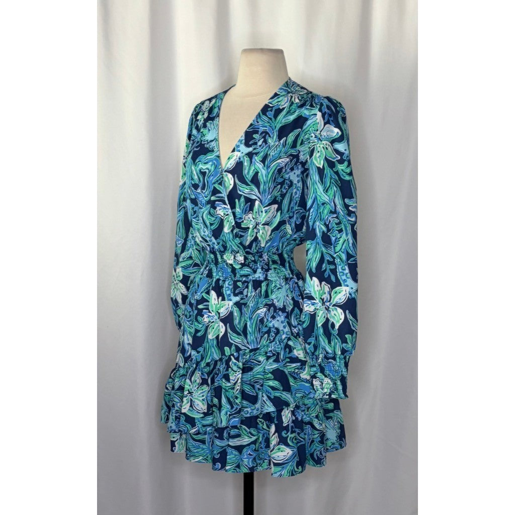 LILLY PULITZER Cristiana Dress High Tide Navy Take It Or Leaf It Smocked 0