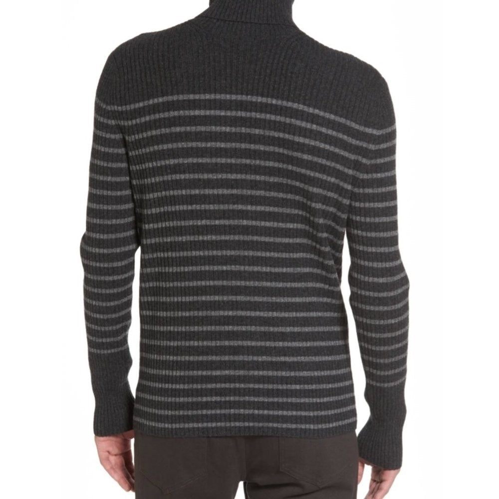 Men's VINCE Cashmere Striped Turtleneck Sweater Gray Ribbed Knitwear X-Large