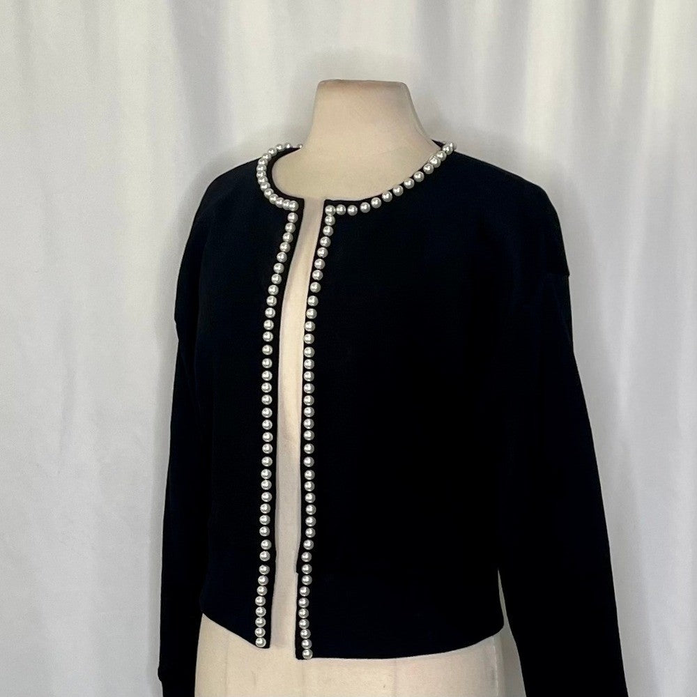CARBON38 Pearl Cardigan Sweater Black Embellished Preppy Knitwear Sporty Medium