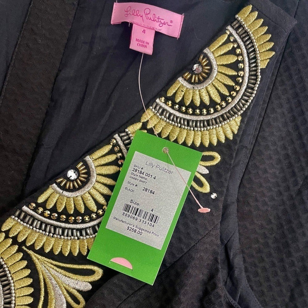 NWT!! LILLY PULITZER Gabby Shift Dress Black Embellished Embroidered Beaded 4