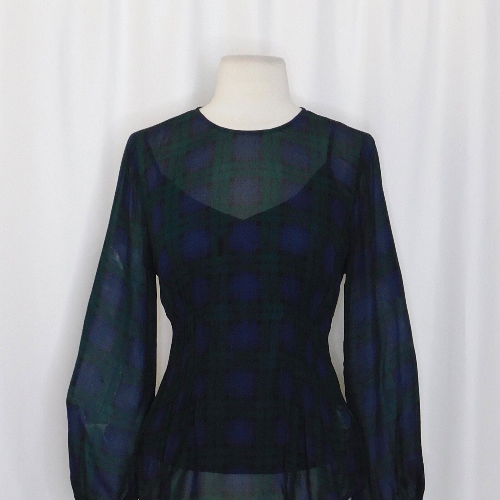 NEW!! J. CREW Chiffon Shirred-Waist Top Black Watch Tartan Plaid Copper Green 2