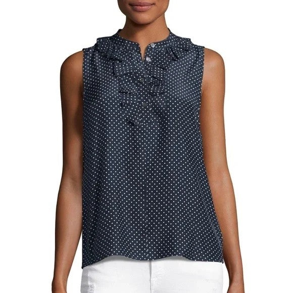 NWT!! FRAME Denim Silk Polka Dot Top Blouse Sleeveless Ruffled Coquette X-Small