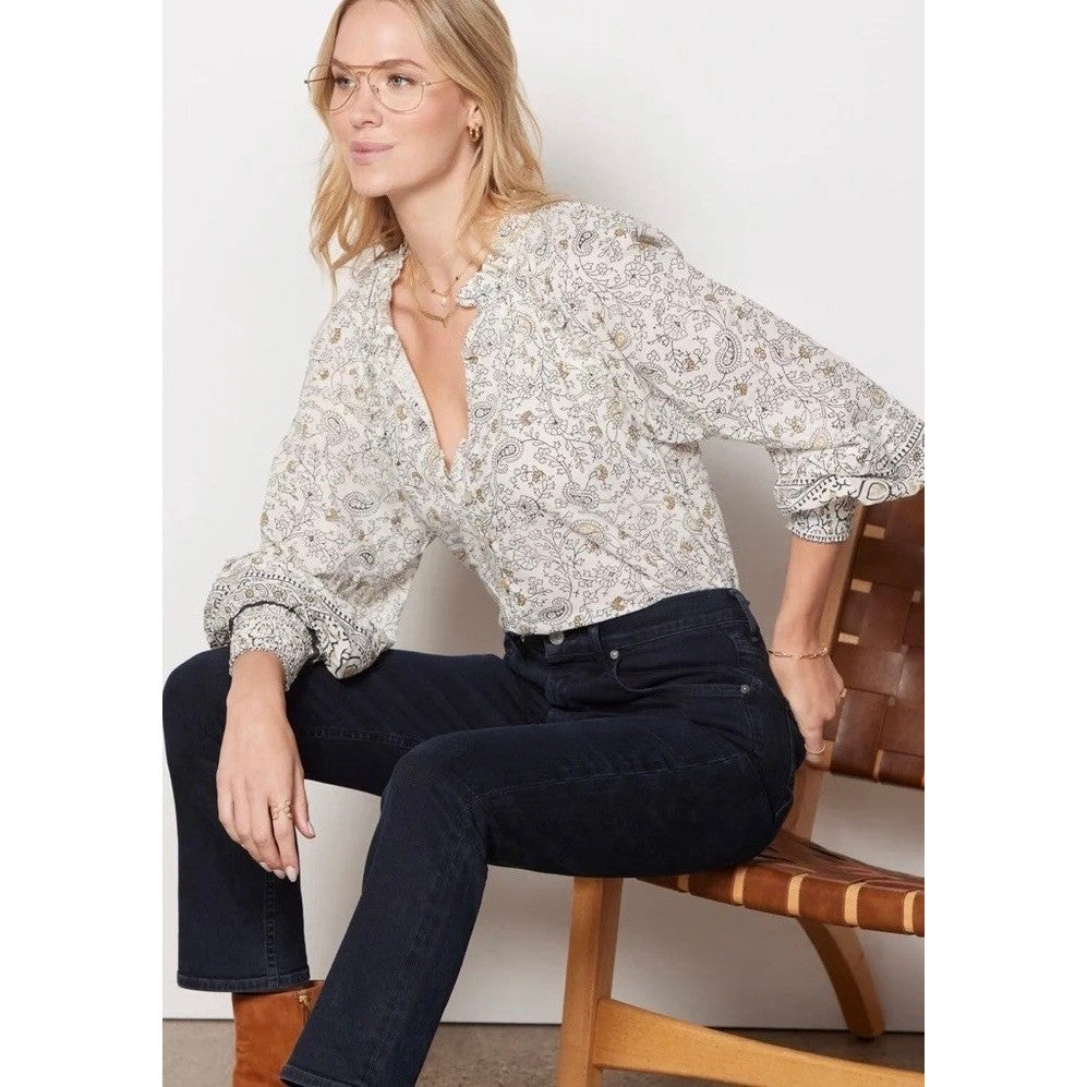 CLEOBELLA Ivy Blouse Woodblock Floral Paisley Print Top Smocked Ruffled Small