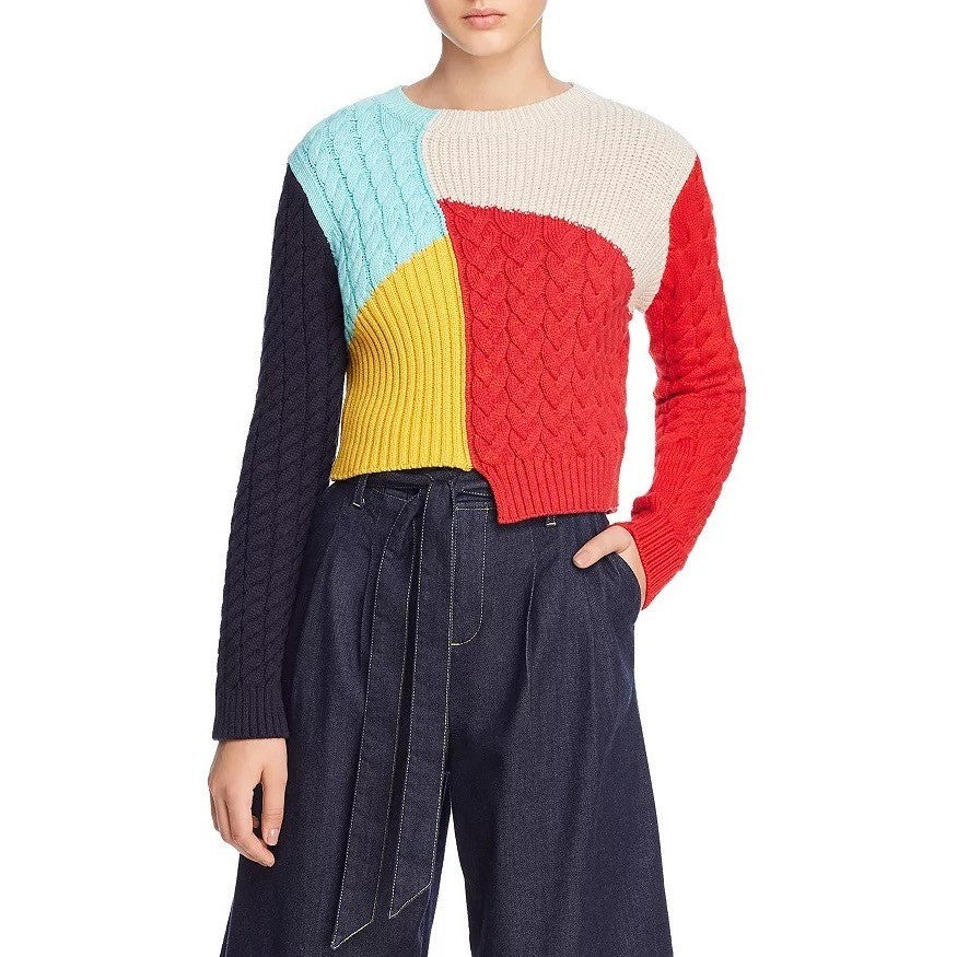 ALICE + OLIVIA Lebell Mixed Knit Cropped Sweater Colorblock Colorful Large