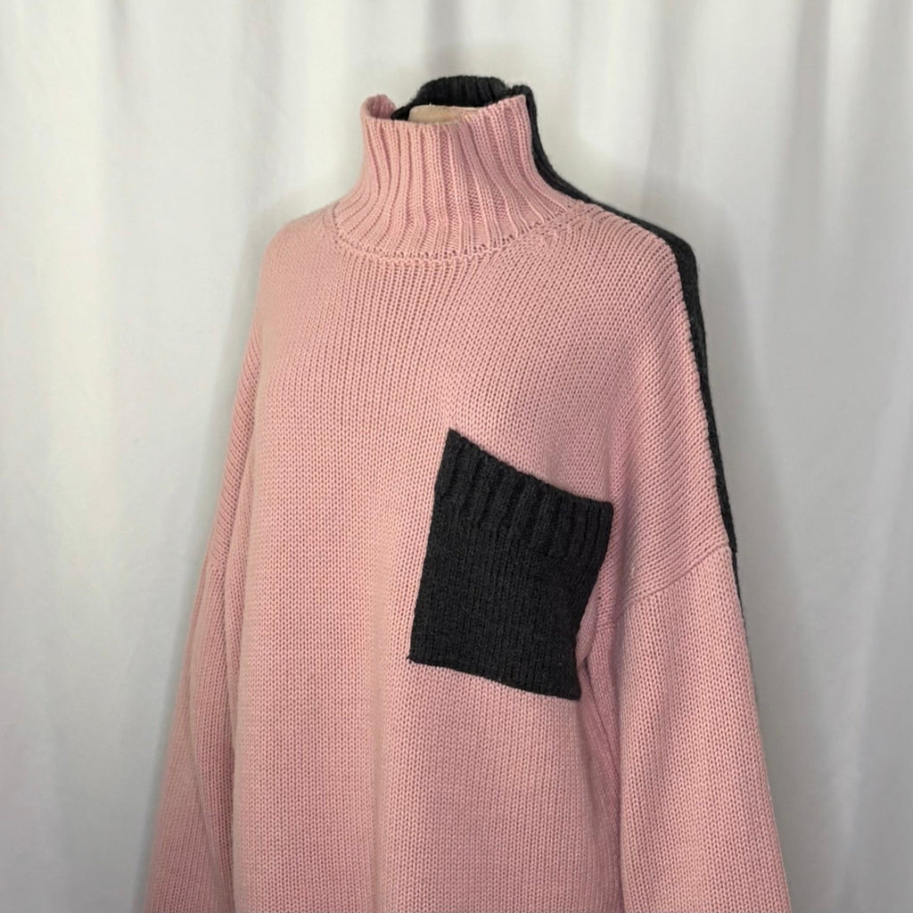 JW ANDERSON Patch Pocket Sweater Pink Grey Pullover Knit Mock Turtleneck Large