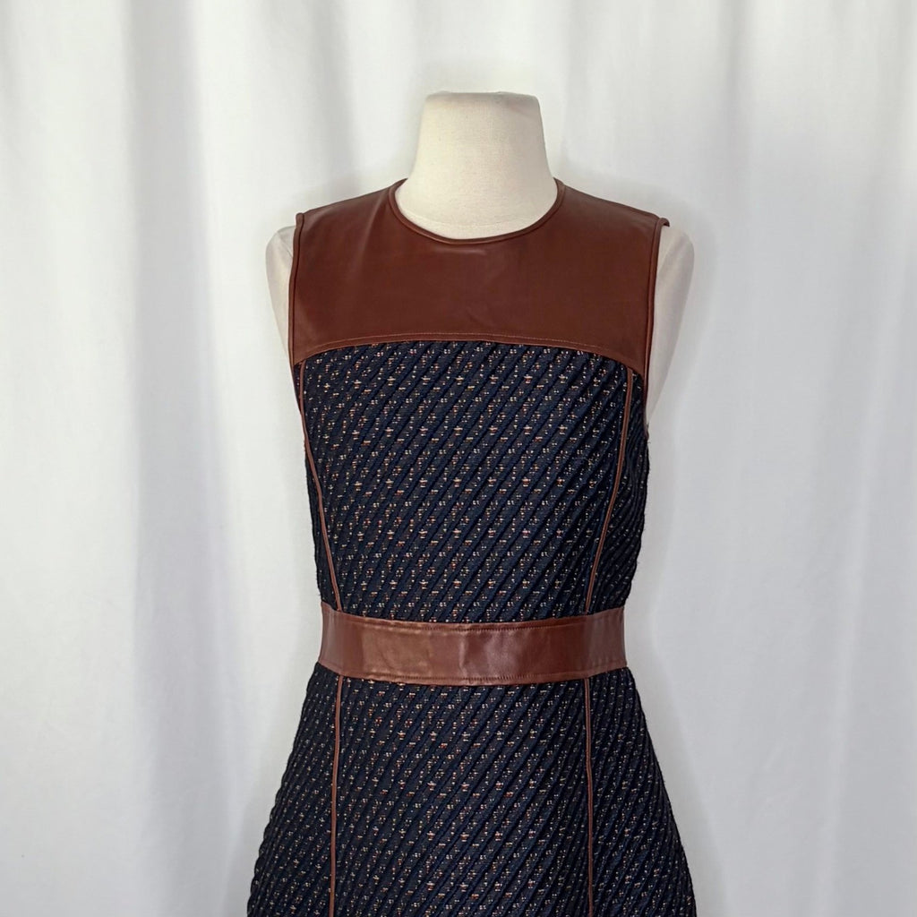 THEORY Calvino Mixed Media Tweed Lamb Leather Dress Brown Blue Fit and Flare 6