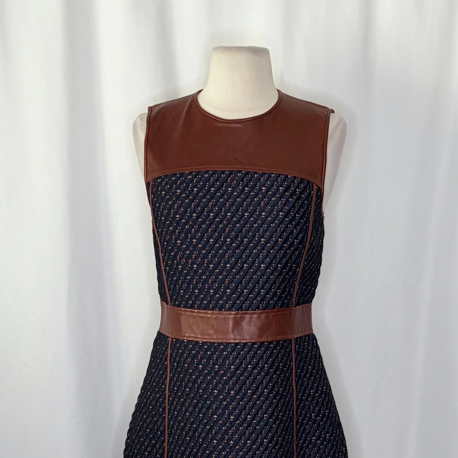 THEORY Calvino Mixed Media Tweed Lamb Leather Dress Brown Blue Fit and Flare 6