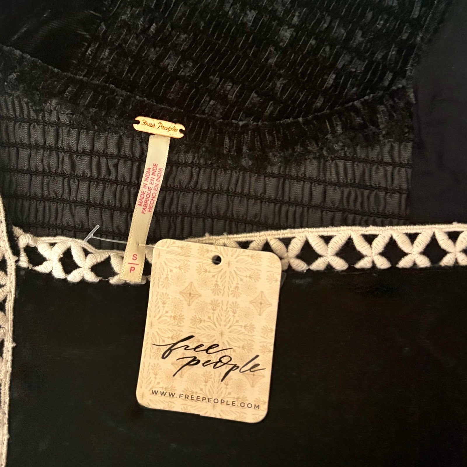 NWT!! FREE PEOPLE Tyler Velvet Corset Top Black Cream Embroidered Bohemian Small