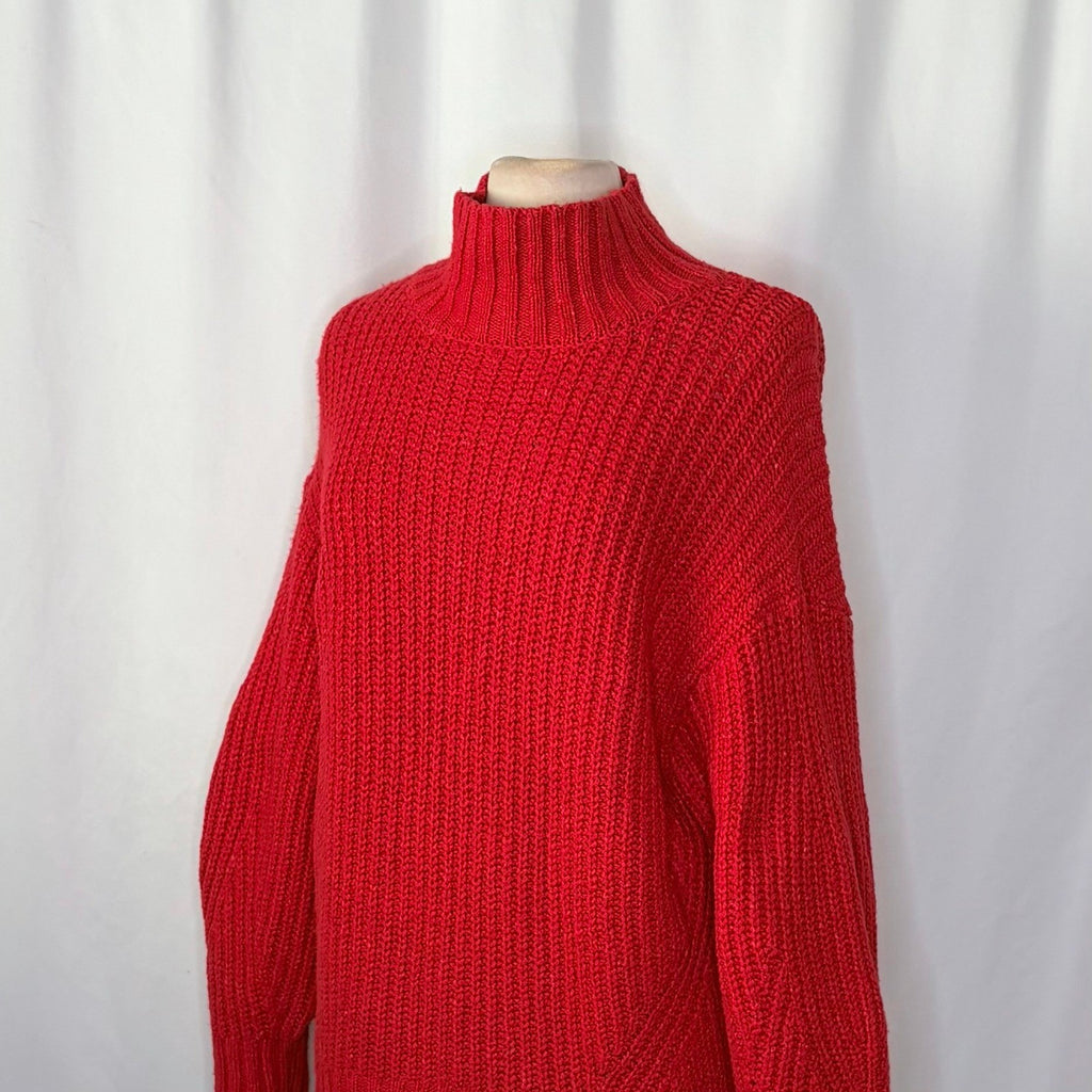 Anthropologie MAEVE Solid Red Shaker Knit Sweater Mockneck Pullover Fleck Medium