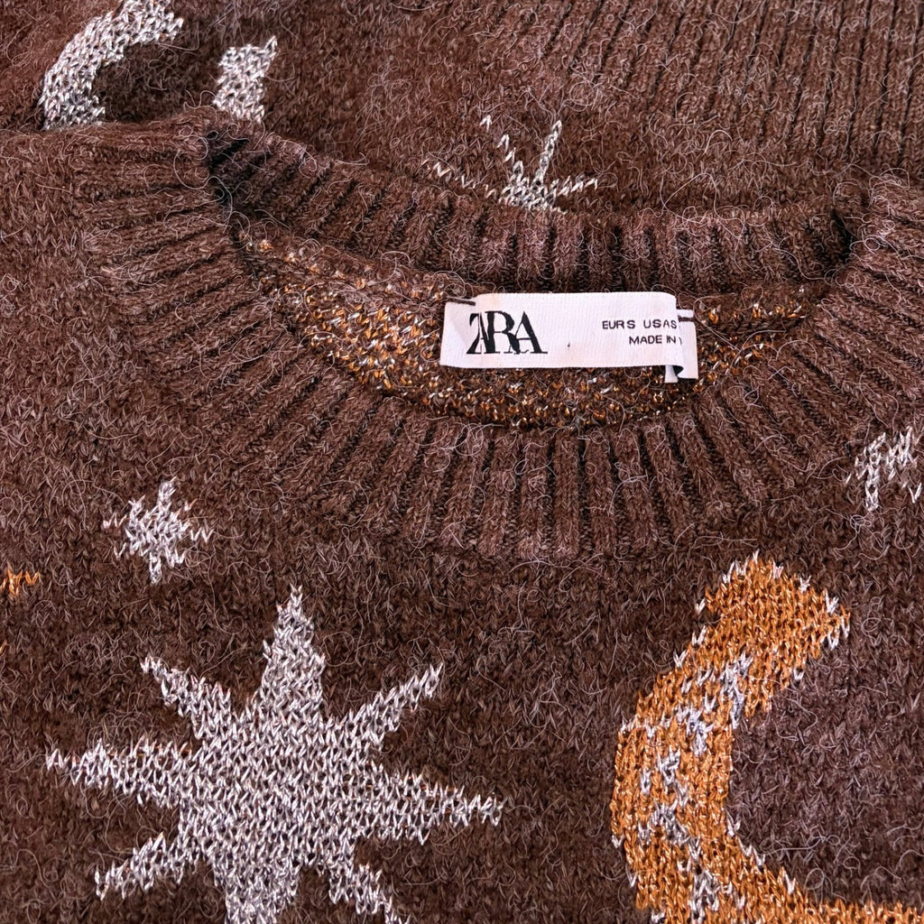 ZARA Western Cosmic Cowboy Boots Stars Jacquard Sweater Metallic Crewneck Small