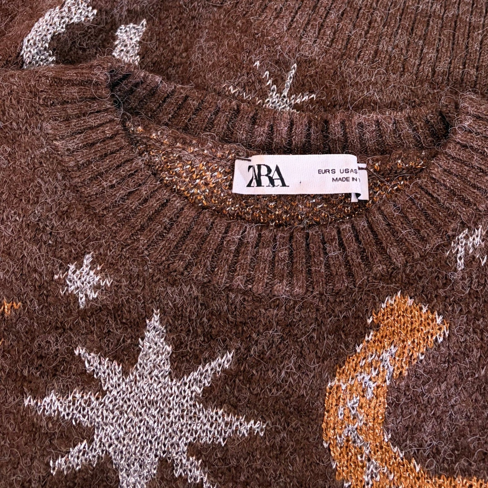 ZARA Western Cosmic Cowboy Boots Stars Jacquard Sweater Metallic Crewneck Small