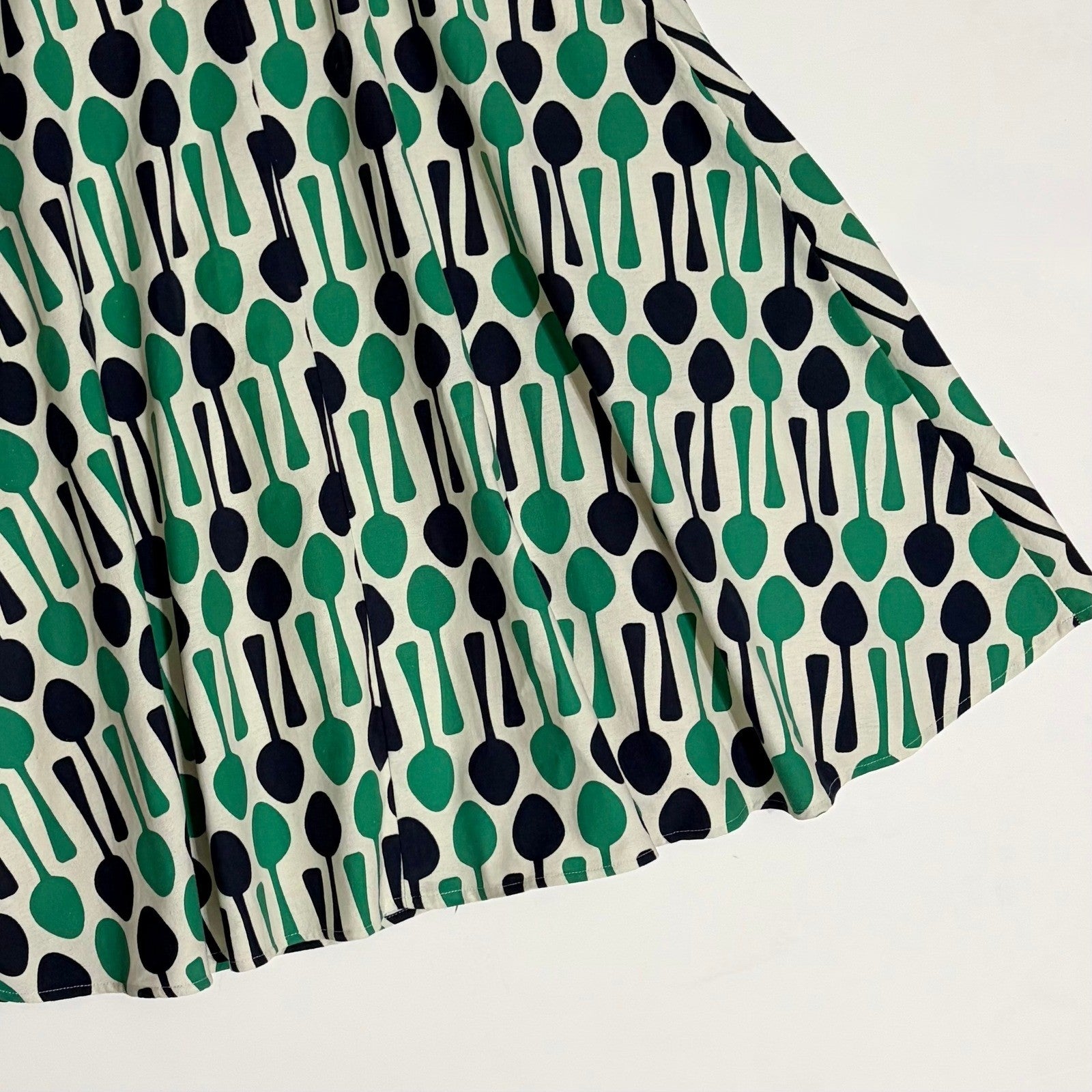 Anthropologie EVA FRANCO Spoons Print Midi Skirt Navy Blue Kelly Green Spoon 8