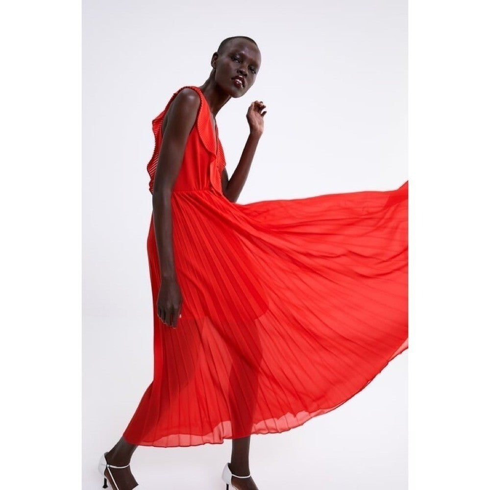 ZARA Pleated Ruffled Red Maxi Dress Plunge V Neckline Valentine 2731/060 Medium