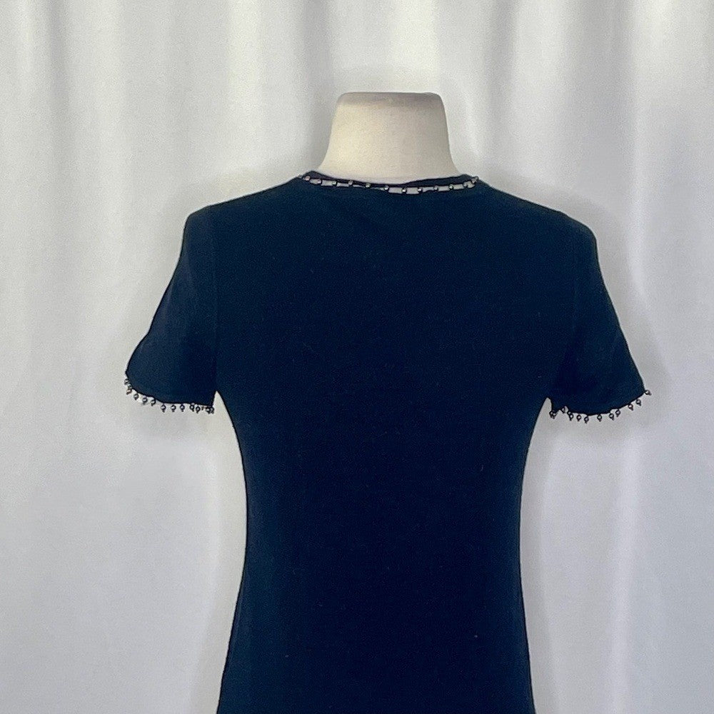 ELIE TAHARI Black Merino Wool Beaded Studded Short Sleeve Sweater Knitwear Small
