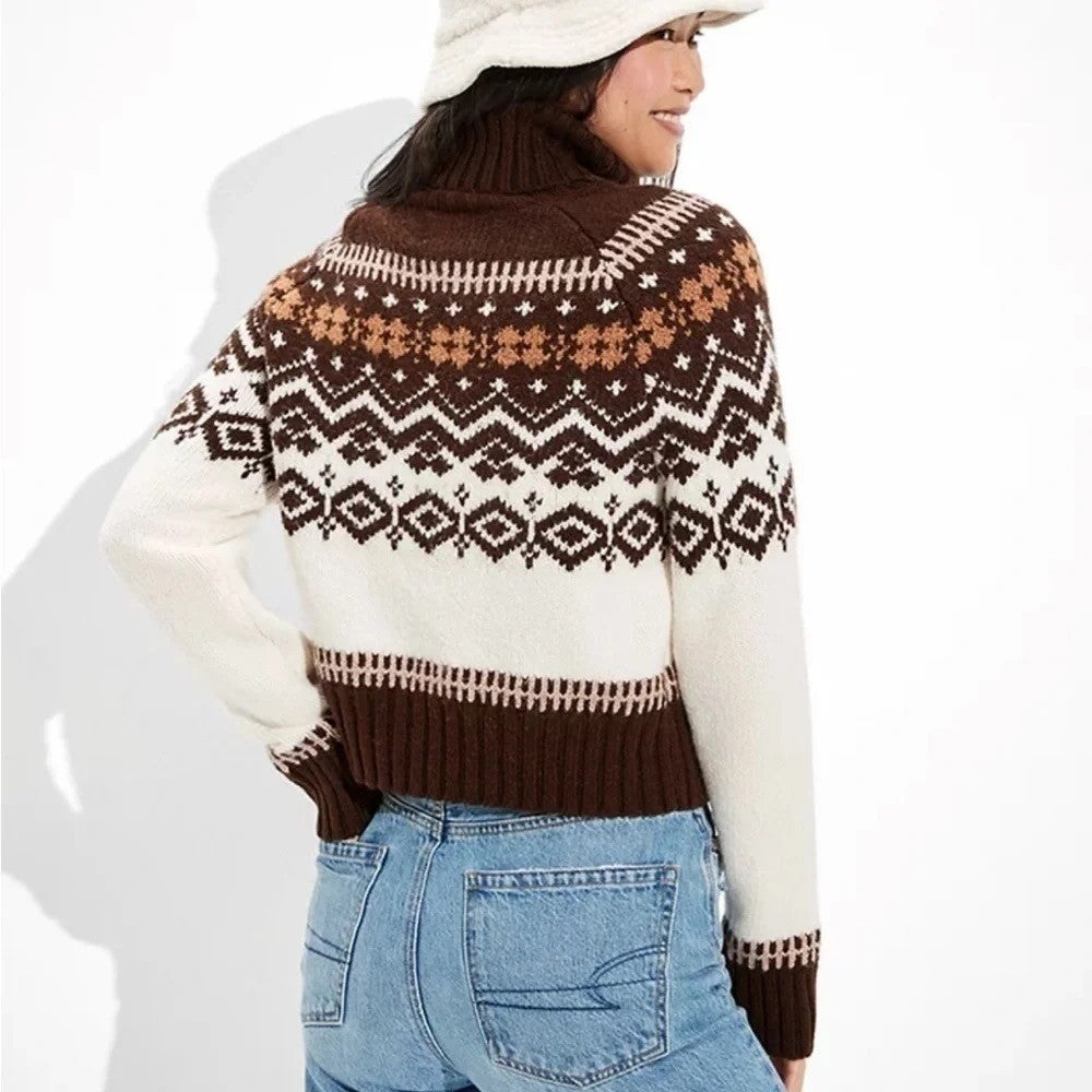 AMERICAN EAGLE Fairisle Snowdrift Turtleneck Sweater Cropped Fair Isle Small