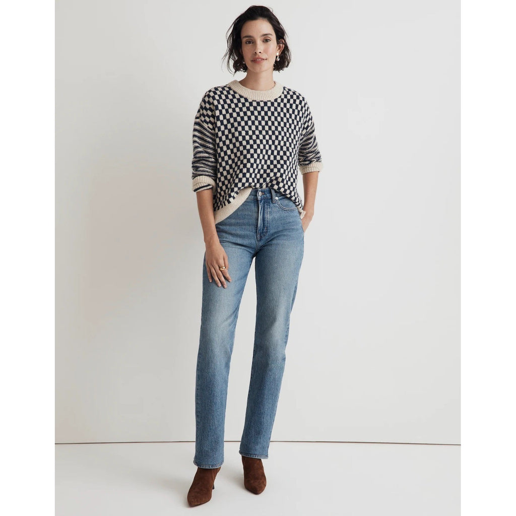 MADEWELL Crewneck Sweater Checked Stripe Classic Indigo Blue Ivory Knit Medium