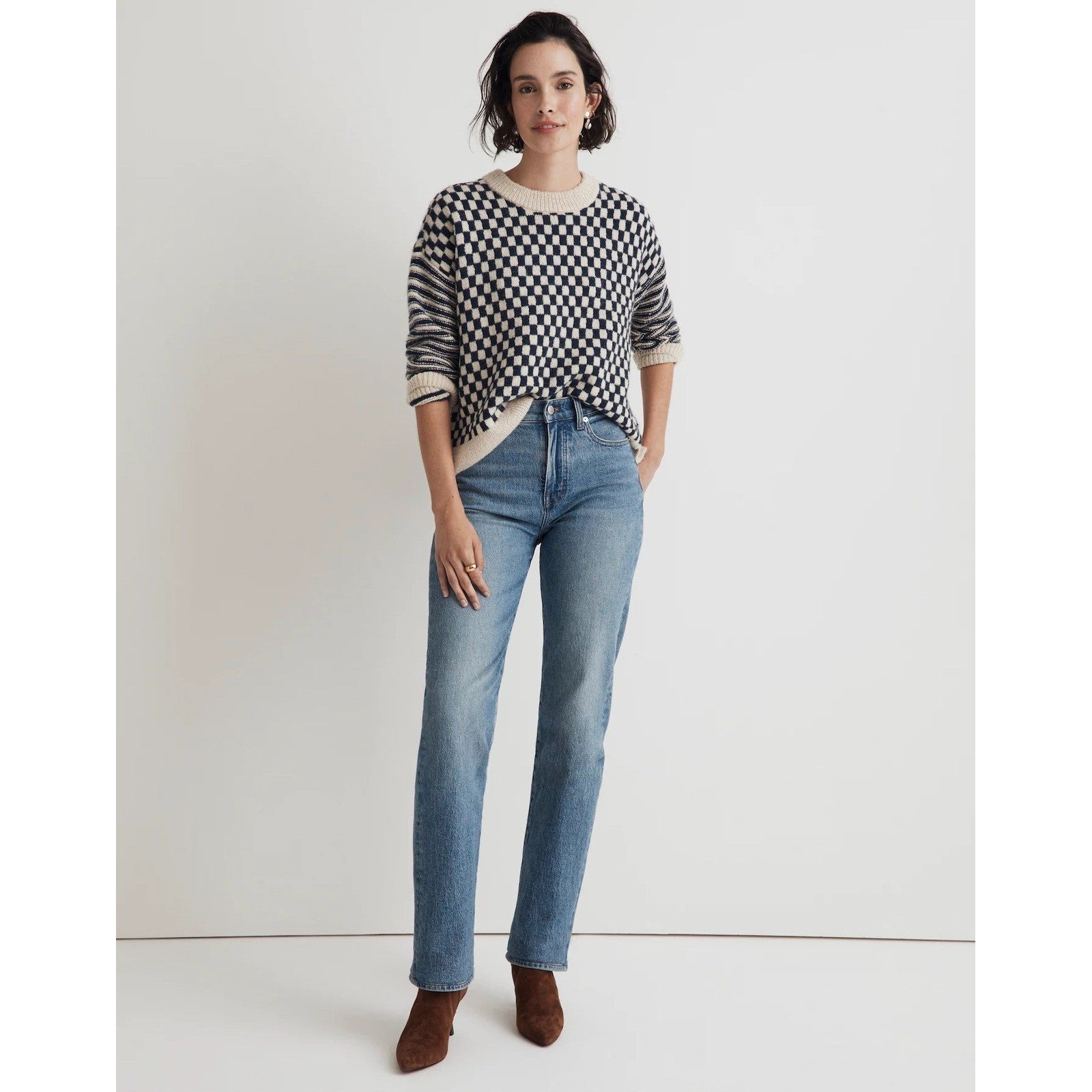 MADEWELL Crewneck Sweater Checked Stripe Classic Indigo Blue Ivory Knit Medium