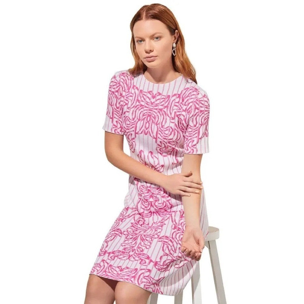 MING WANG Jacquard Rib Dress White Carmine Rose Floral Knit Preppy Office Small