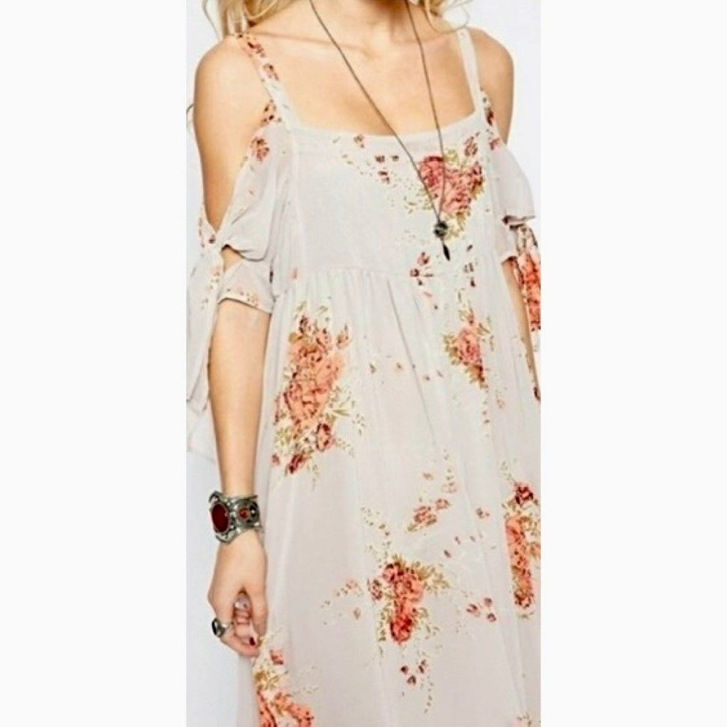 FREE PEOPLE Tied To You Floral Midi Dress Sand Combo Chiffon Bohemian Small