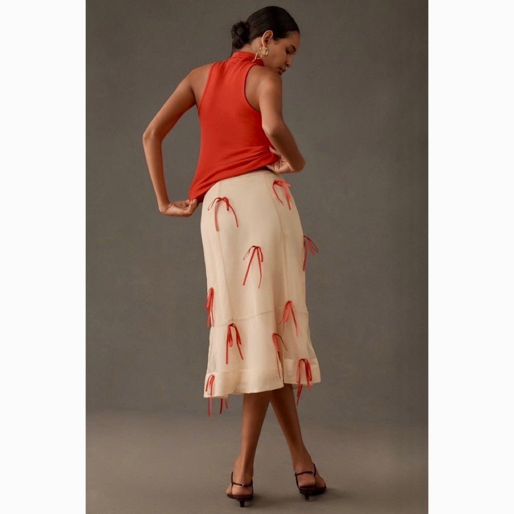 Anthropologie MAEVE Ribbon Pencil Midi Skirt Tulle Ivory Red Coquette 12 Petite