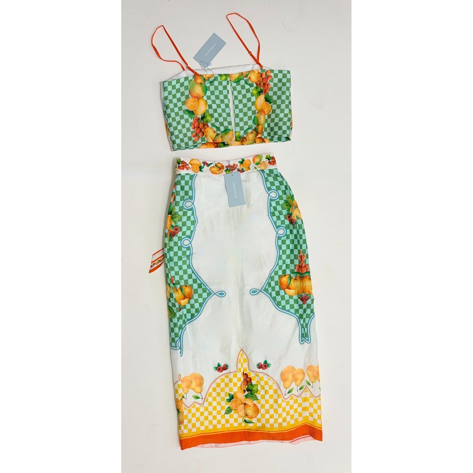 NWT!! ANTONIO MELANI Citrus Bliss Callista Cropped Linen Top Clio Mid Skirt 0