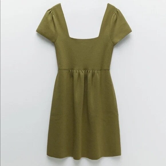 ZARA Squared Mini Babydoll Dress Puff Sleeves Solid Olive Green Knit Small