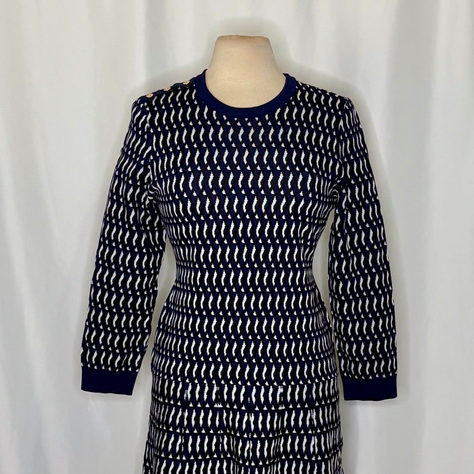 SHOSHANNA Aspen Intarsia Knit Dress Navy Blue White Dropwaist Crew Neck X-Large