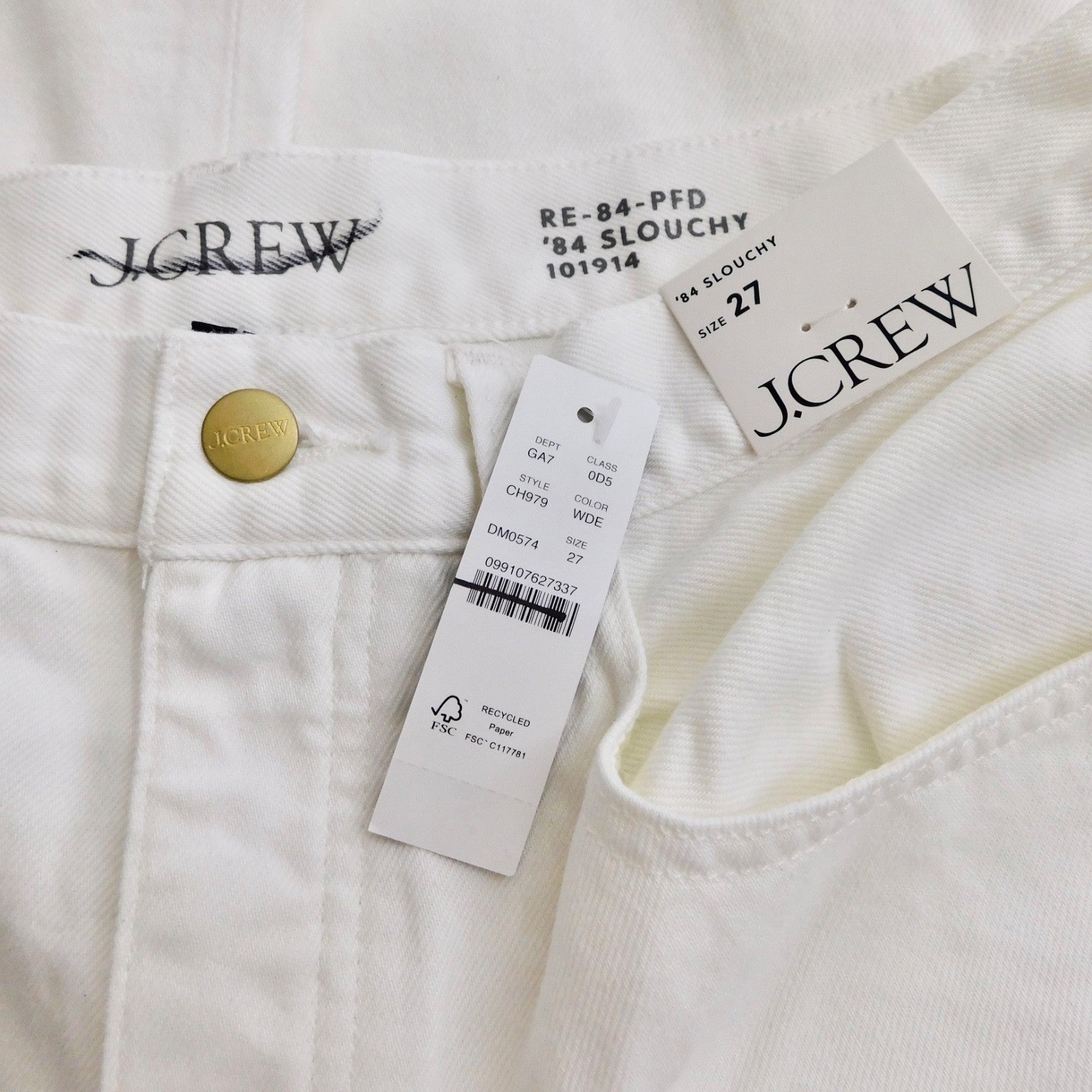 NWT!! J. CREW White '84 Slouchy Jeans Solid Button Fly Straight Legs Size 27