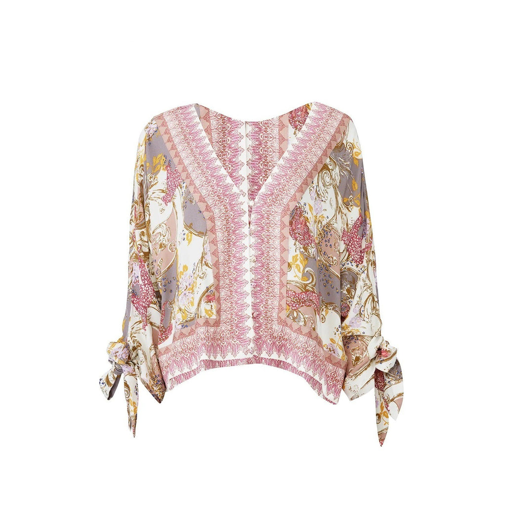 FREE PEOPLE Catch Me If You Can Top Blouse Boho Floral Tie Sleeves Pink Small