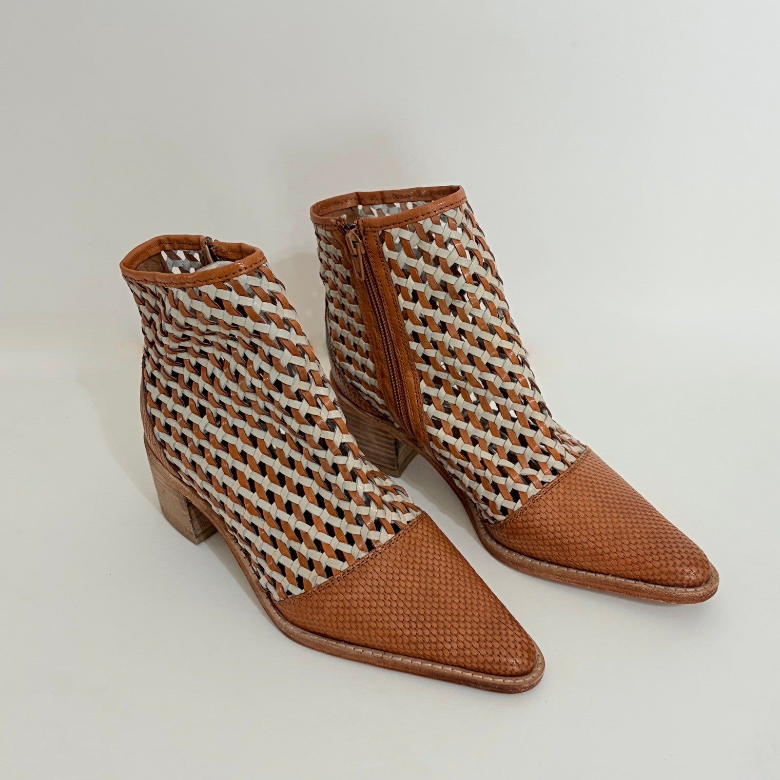 ROOLEE Opening Night Woven Ankle Boots Brown Point Toes Western Southwestern 7