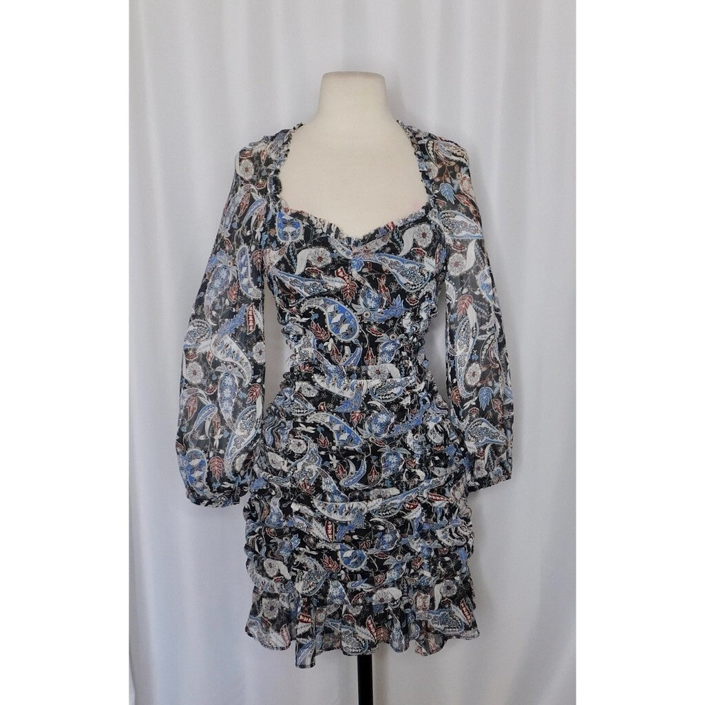 ZARA Paisley Floral Ruched Dress Ruffled Mini Metallic Party Cocktails Small