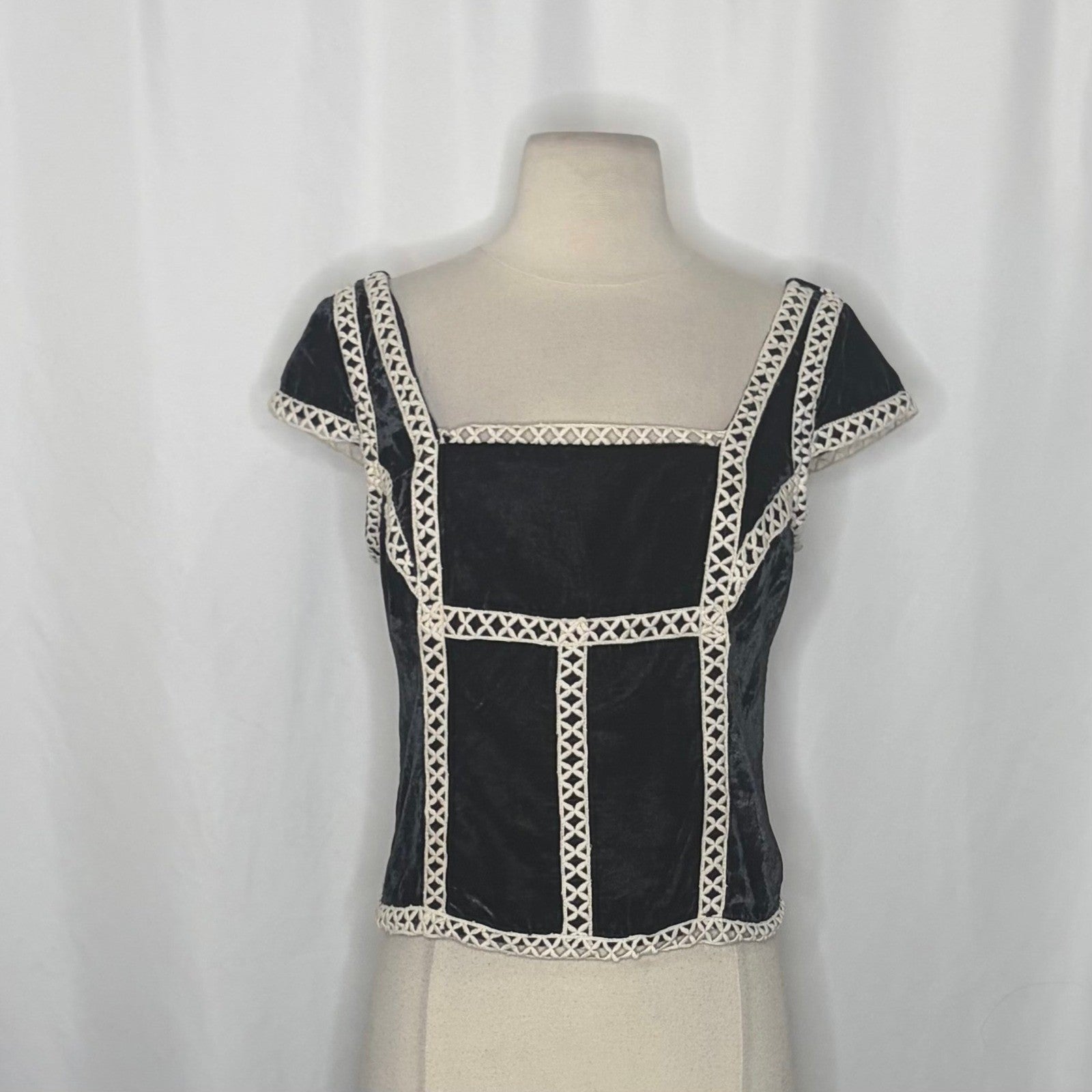 NWT!! FREE PEOPLE Tyler Velvet Corset Top Black Cream Embroidered Bohemian Large