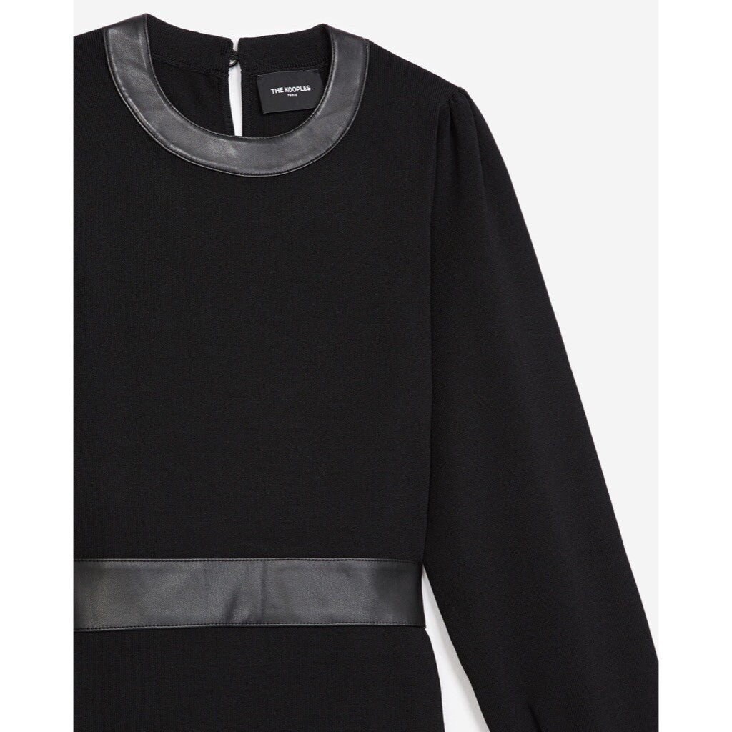 THE KOOPLES Black Knit Faux Leather Trimmed Dress Puff Sleeves Size 3 / Large