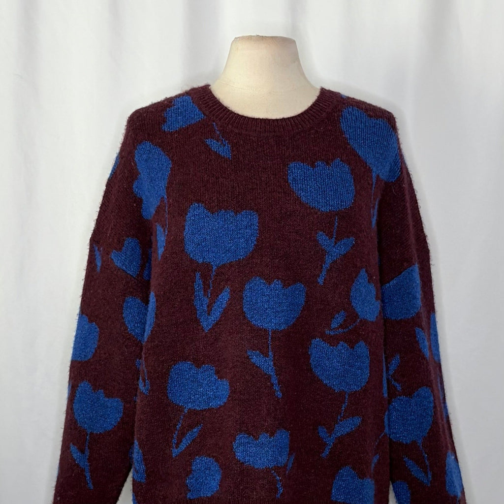 SCOTCH & SODA Crewneck Tulip Intarsia Pullover Sweater Burgundy Blue Large