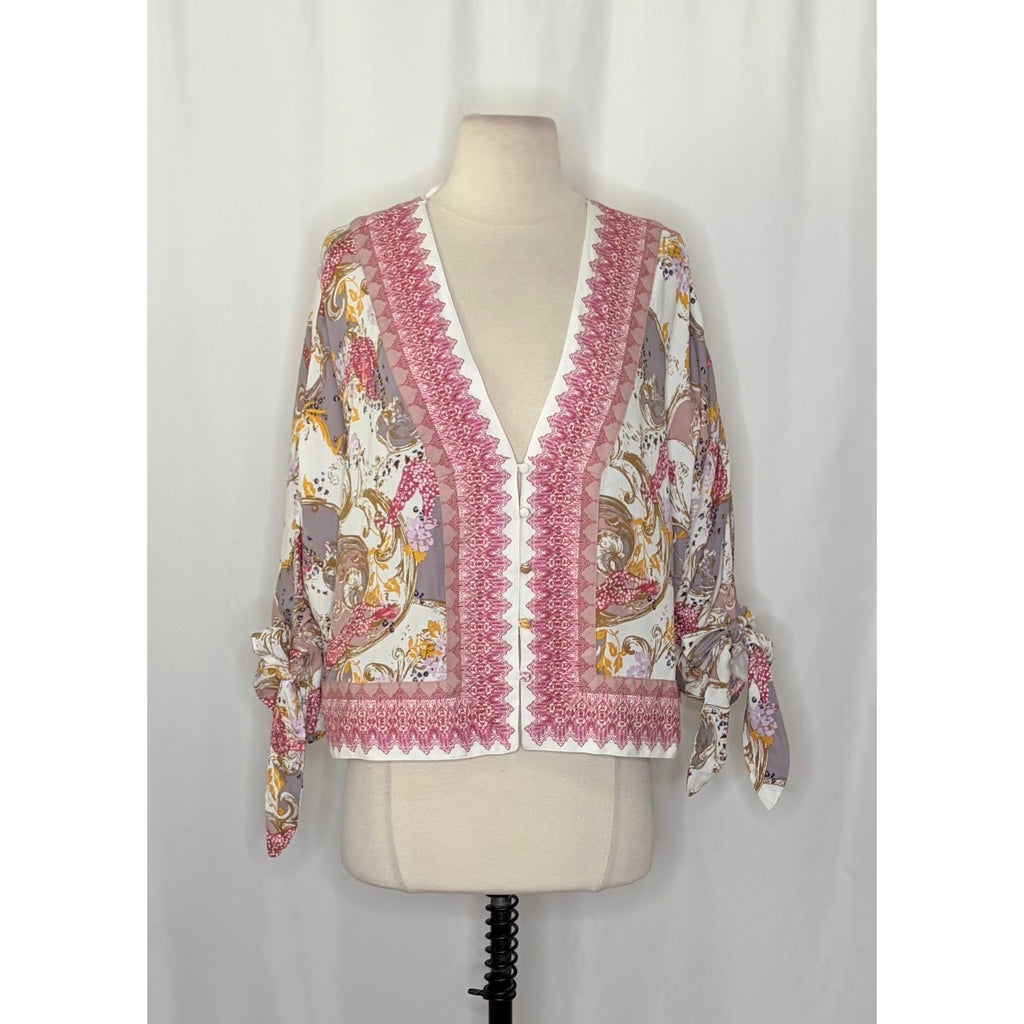 FREE PEOPLE Catch Me If You Can Top Blouse Boho Floral Tie Sleeves Pink Small