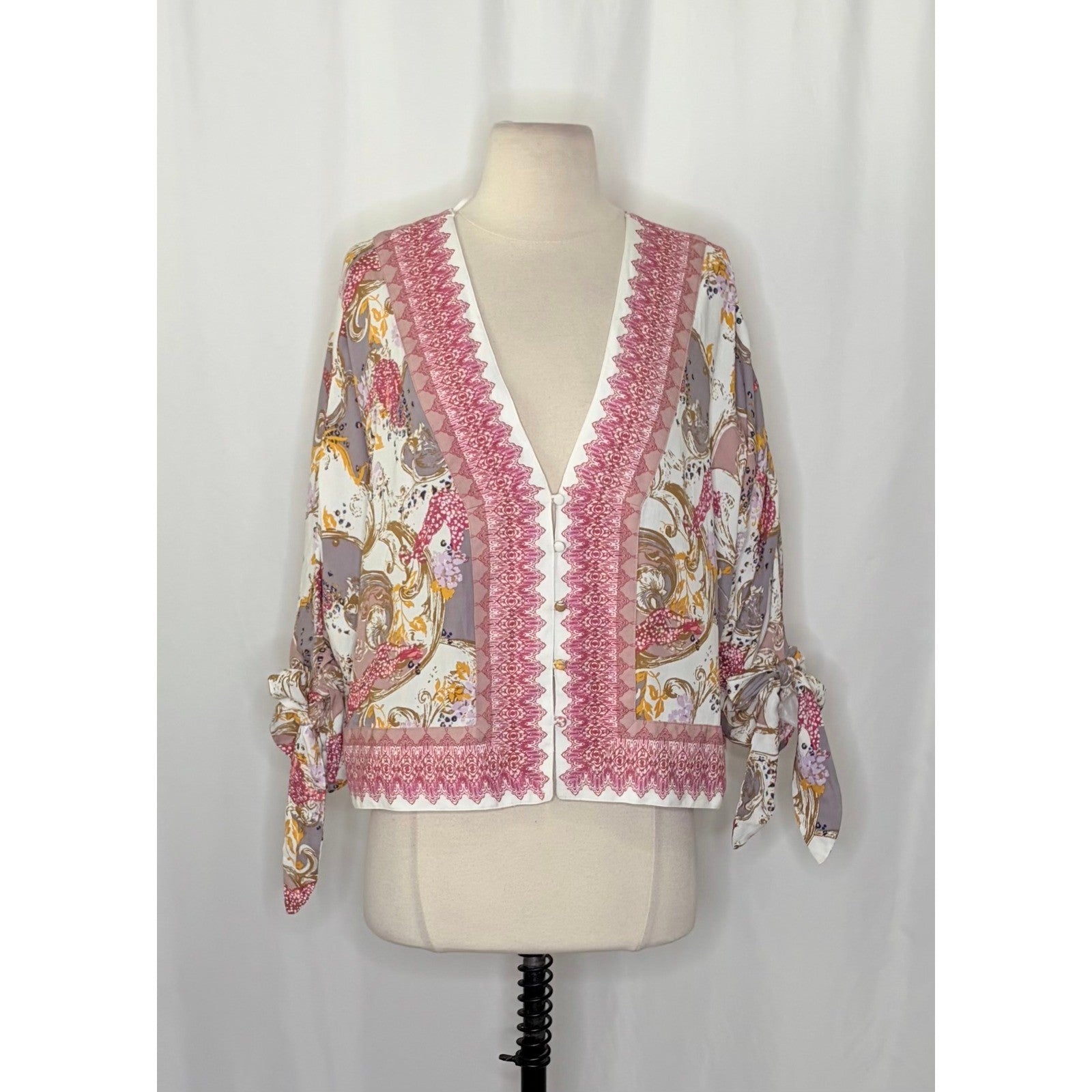 FREE PEOPLE Catch Me If You Can Top Blouse Boho Floral Tie Sleeves Pink Small