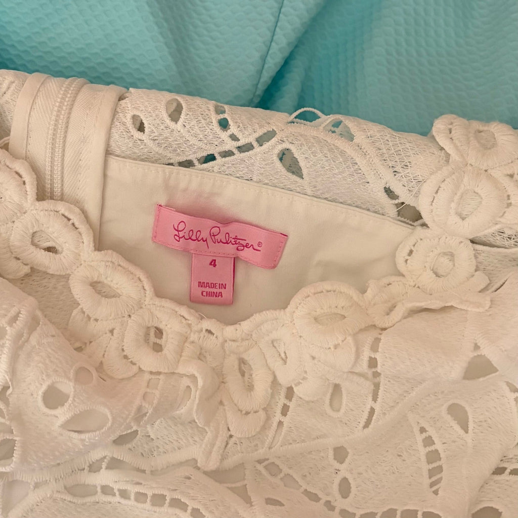 LILLY PULITZER Sandi Shift Dress Seasalt Blue White Lace Mini Preppy Size 4