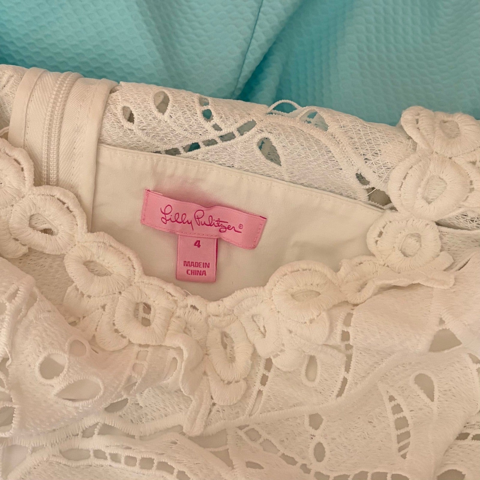 LILLY PULITZER Sandi Shift Dress Seasalt Blue White Lace Mini Preppy Size 4