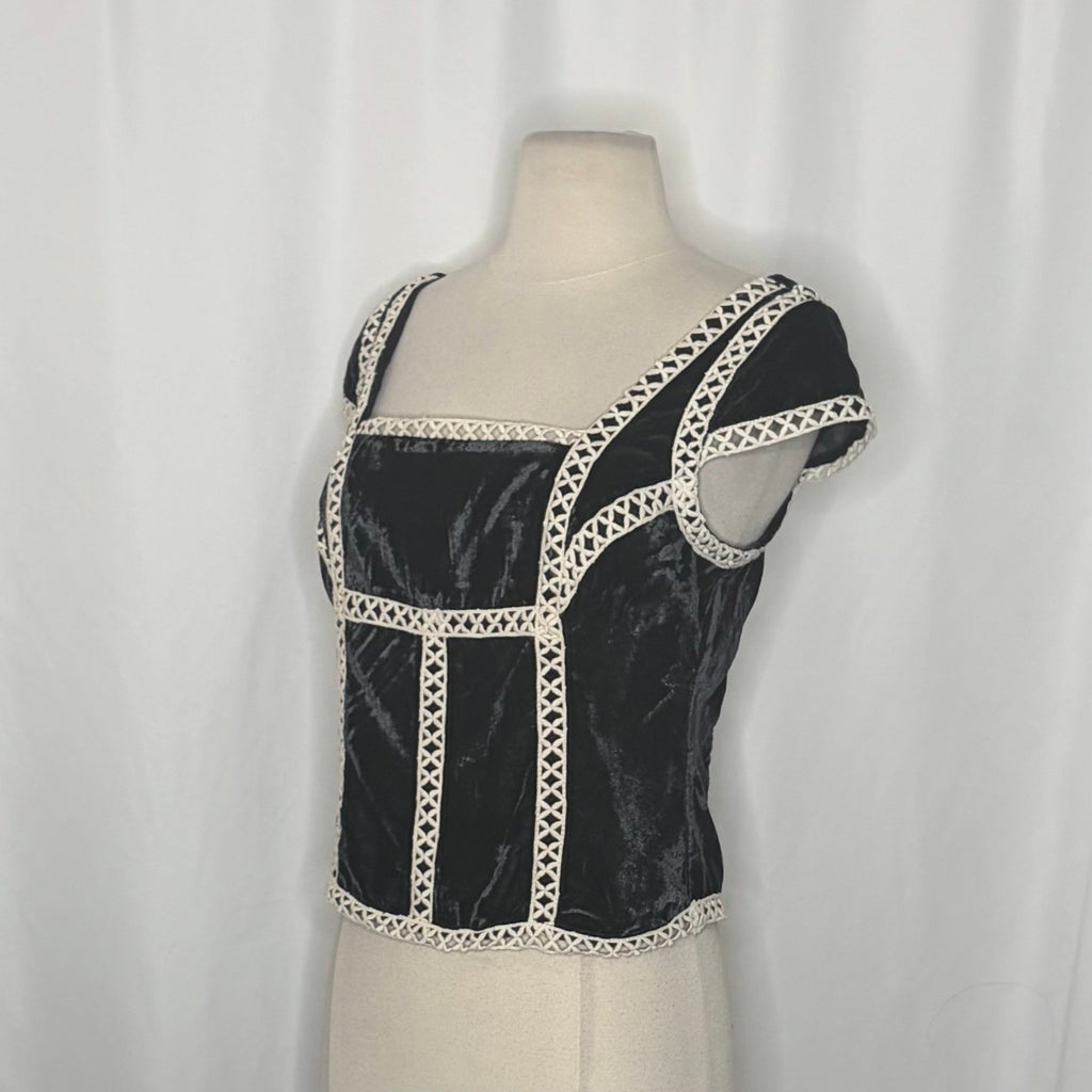 NWT!! FREE PEOPLE Tyler Velvet Corset Top Black Cream Embroidered Bohemian Small