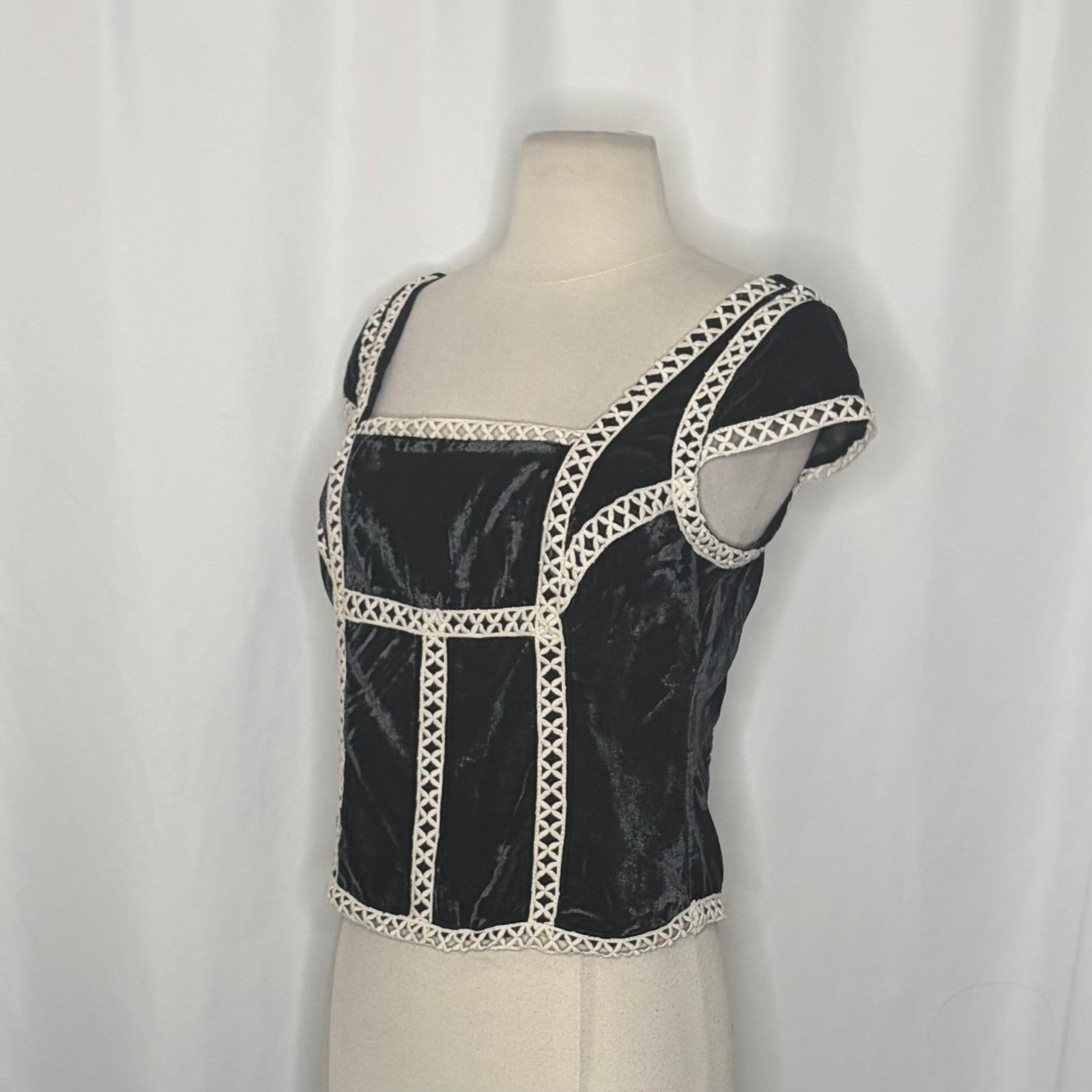 NWT!! FREE PEOPLE Tyler Velvet Corset Top Black Cream Embroidered Bohemian Small