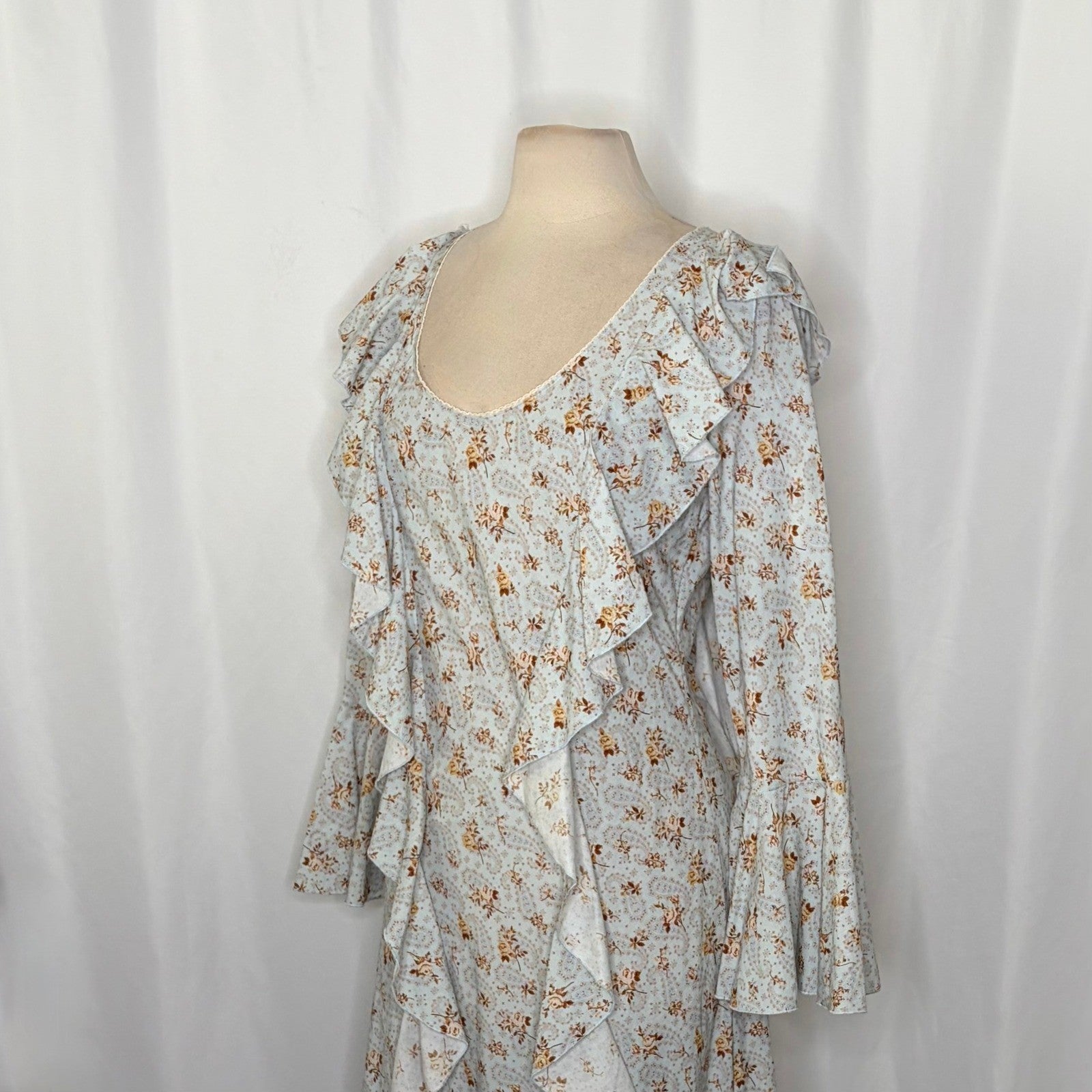 SPELL & THE GYPSY Fleur Frill Bias Maxi Dress Teapot Blue Floral Bohemian Large