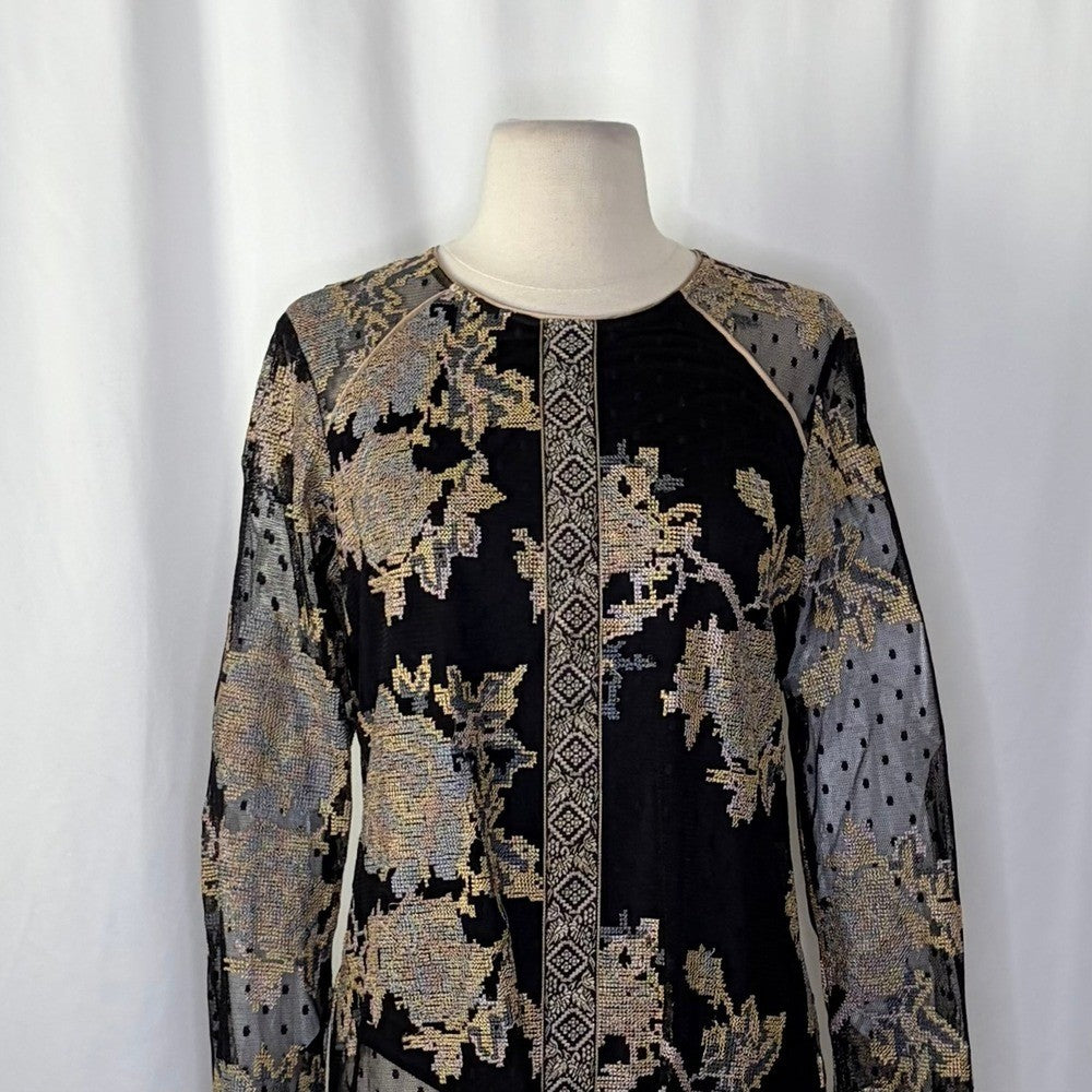 HALE BOB Floral Embroidered Mesh Top Blouse Long Sleeve Jacquard Romantic Medium