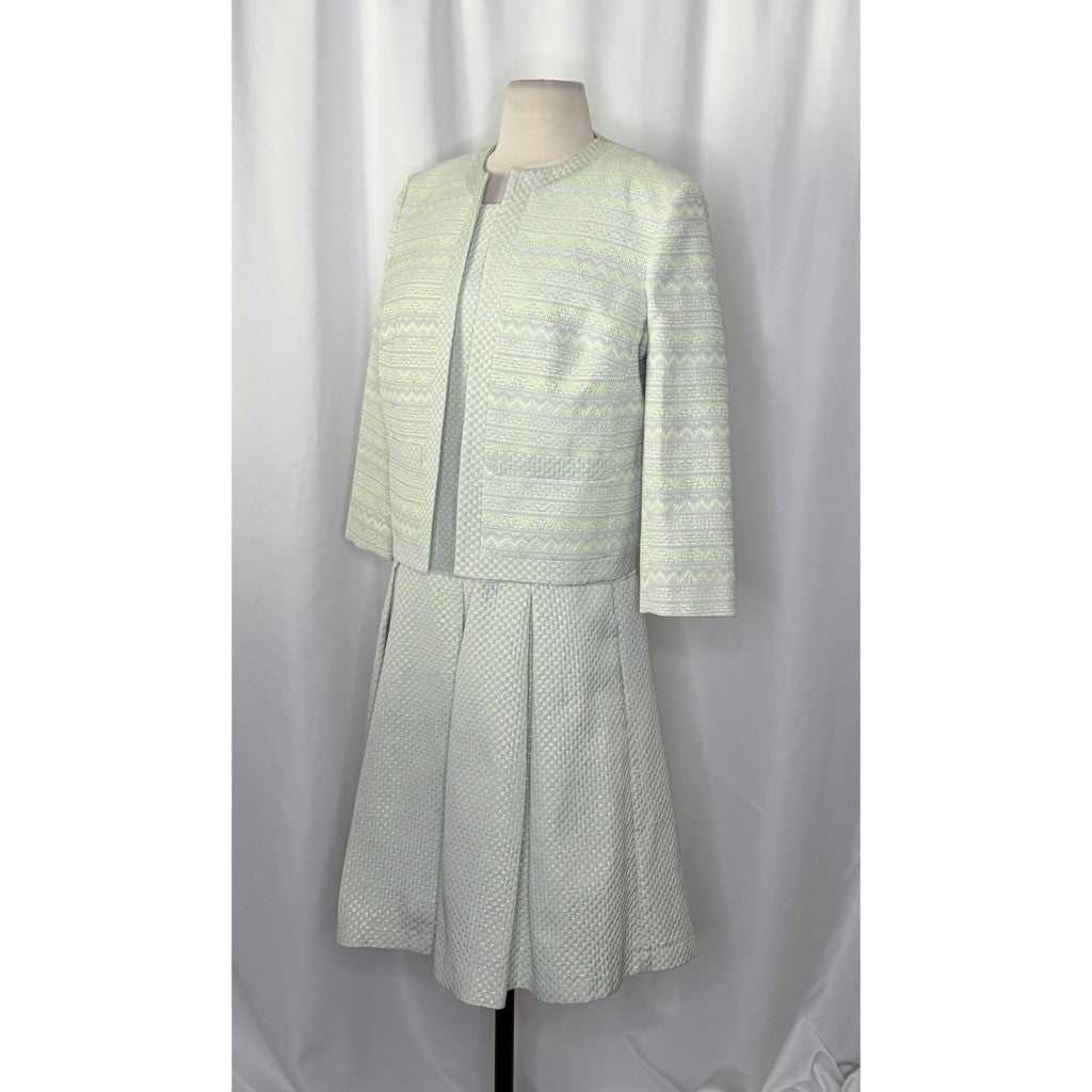 HELENE BERMAN Two Piece Set Blazer Dress Green Metallic Jacquard Size 8