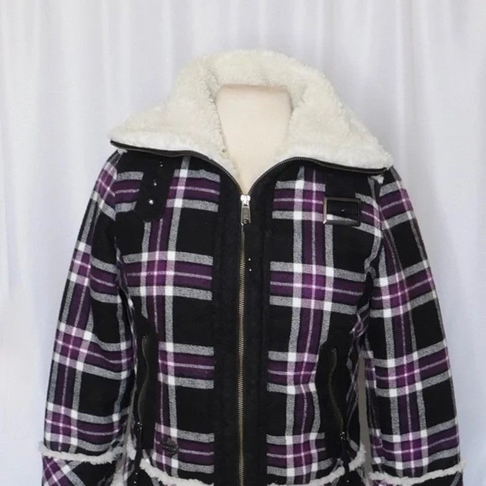 HARLEY-DAVIDSON Purple Black Plaid Fleece Sherpa Lined Coat Moto Motorcycle S