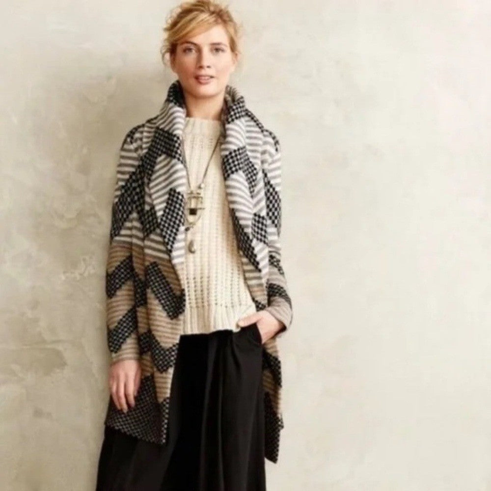 Anthropologie FIELD FLOWER Chevron Stripe Belted Wool Sweater Coat Hood X-Small