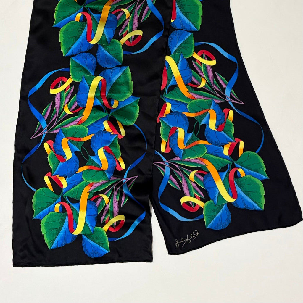 Vintage RUSH LIMBAUGH Aspen Leaves Colorful Rectangular Silk Scarf Black Floral