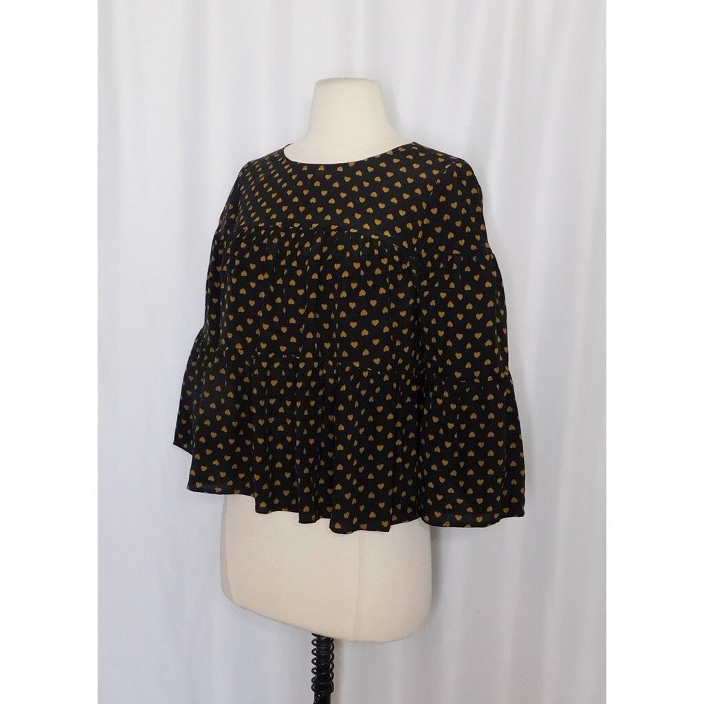 MADEWELL Silk Black Gold Heart Flip Button Back Tiered Top Blouse X-Small